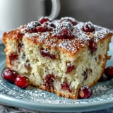 A glazed slice of Cranberry Orange Breakfast Cake reveals juicy cranberries and orange zest on a white plate.