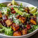A vibrant sweet potato and black bean bowl with roasted veggies, avocado, and zesty lime dressing for a nourishing meal.  