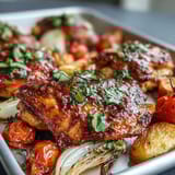 Vibrant spring sheet pan dinner with juicy chicken, zucchini, and cherry tomatoes, roasted to perfection.  
