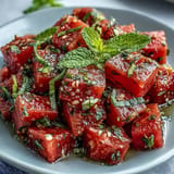 Refreshingly bright Fricy Watermelon Chili Lime Salad topped with fresh mint, perfect for summer.