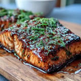 Moist, smoky cedar plank salmon entree with a vibrant maple Dijon glaze and fresh herbs.