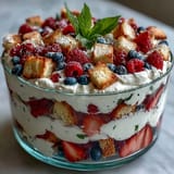 Luscious Red White Blue Berry Trifle, layered with cake, cream, and fresh berries.