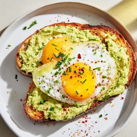 Creamy smashed avocado toast, seasoned with spices, perfect for a quick and easy brunch.