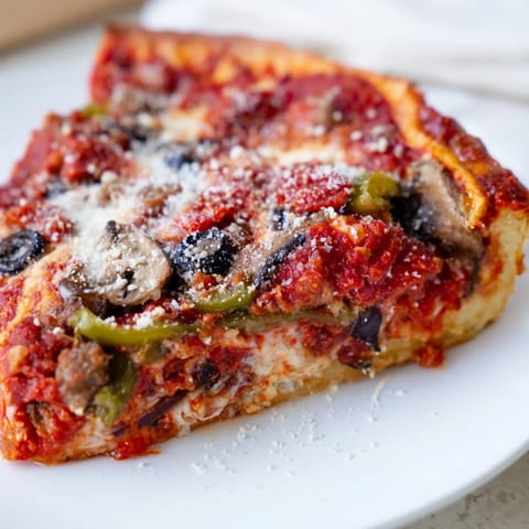 Deep dish pizza with bubbly cheese and savory toppings, ready to serve and enjoy.