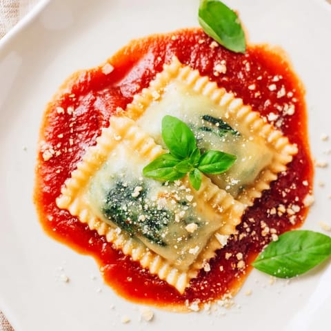 Spinach Ricotta Ravioli served in a vibrant tomato sauce, with extra Parmesan on top.