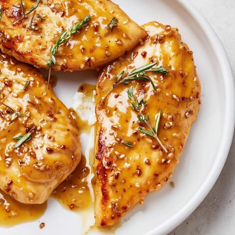 Savory Honey Dijon Chicken Skillet recipe with creamy sauce, garlic, and rosemary, plated alongside fluffy white rice for an easy weeknight dinner.