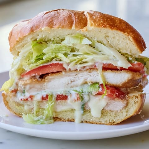 A hearty Caesar Chicken Sandwich features juicy chicken cutlets, fresh greens, and melted Parmesan cheese on a grill-marked bun.