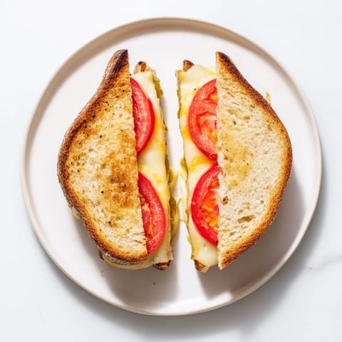 A close-up of a spicy Pepper Jack & Tomato Grilled Cheese shows bubbling cheese oozing from buttery, grilled bread with fresh tomato layers.  