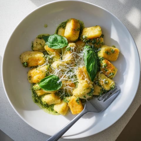 Golden pan-crisped gnocchi coated in rich basil cream sauce, tossed with juicy chicken pieces for an easy weeknight Italian dinner.  