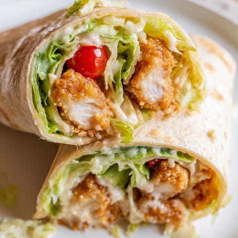 Golden-brown crispy chicken strips glistening with spicy hot honey nestled inside a soft flour tortilla, layered with creamy Caesar salad and fresh romaine.