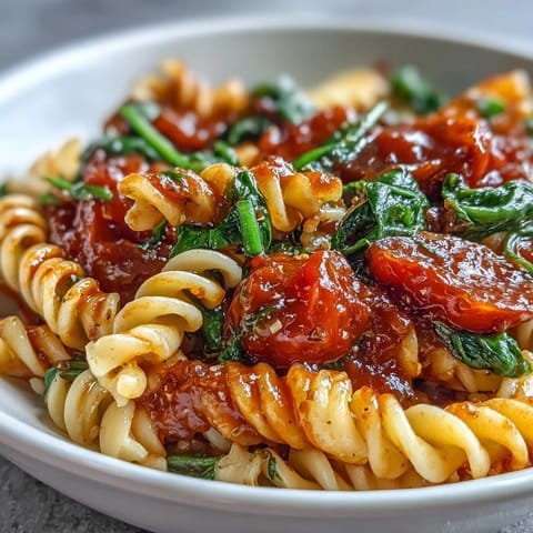 Vibrant red tomatoes and green spinach swirl through tender rotini in this easy one-pot Tomato Spinach One-Pot Rotini dinner.