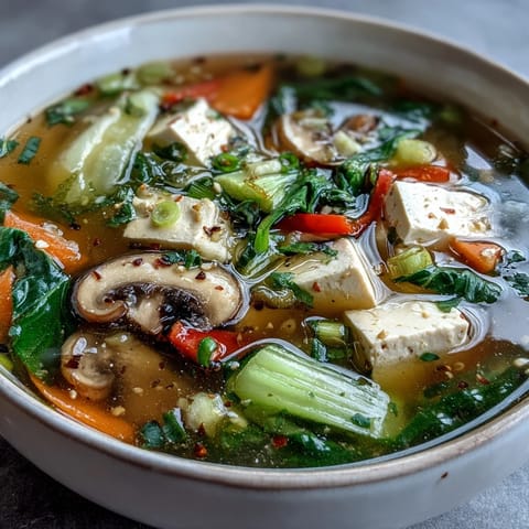 Steaming bowl of Tofu and Vegetable Soup, showcasing tender silken tofu cubes and vibrant, freshly chopped vegetables in a clear broth.  