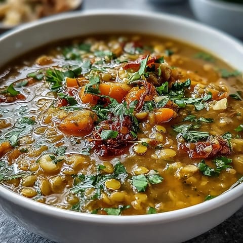 A warm bowl of mung bean soup with carrots and spices, served alongside steamed basmati rice.  