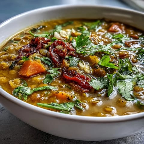 Steaming mung bean soup in a rustic bowl, garnished with fresh cilantro and a lemon wedge for vibrant flavor.  
