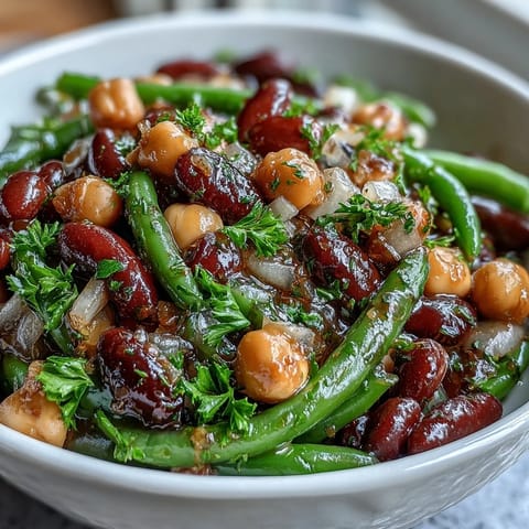 A vibrant Three-Bean Salad with green beans, kidney beans, and chickpeas tossed in a tangy apple cider vinaigrette, topped with fresh parsley and red onion.