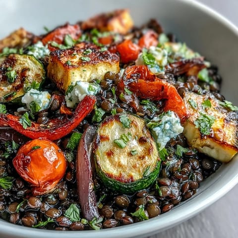 Black Lentil Salad with Roasted Vegetables in a white bowl, tossed with fresh parsley and drizzled with zesty lemon dressing.