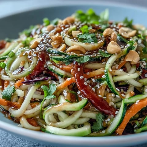 Bright, colorful spiralized zucchini and carrot noodles tossed in a zesty sesame-ginger dressing in a white bowl, garnished with toasted sesame seeds and fresh cilantro.