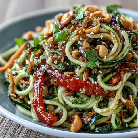 Vibrant raw vegetable noodle salad featuring crunchy red cabbage and cucumber ribbons, perfect for a light, refreshing lunch or as a healthy side dish.