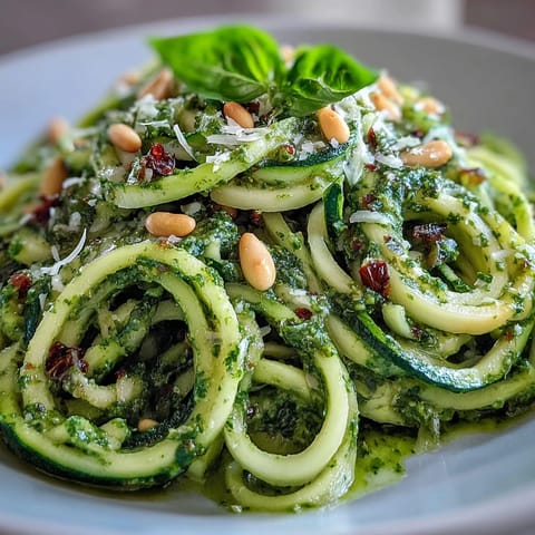 Glossy spiralized zucchini noodles glistening with homemade basil pesto and topped with fresh leaves and grated Parmesan, served as a light, low-carb main dish.