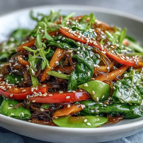 A close-up of vibrant Kelp Noodle Stir-Fry in a white bowl, featuring crisp red bell peppers, snap peas, and fresh green onions tossed in a glossy ginger sauce.