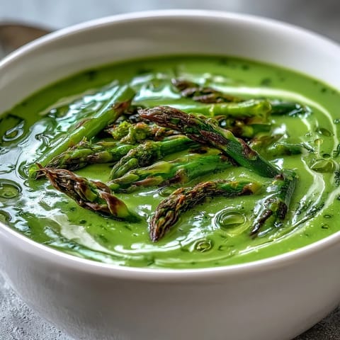 Silky smooth Asparagus Soup served warm with crusty artisan bread, highlighting fresh spring asparagus and a hint of bright lemon.