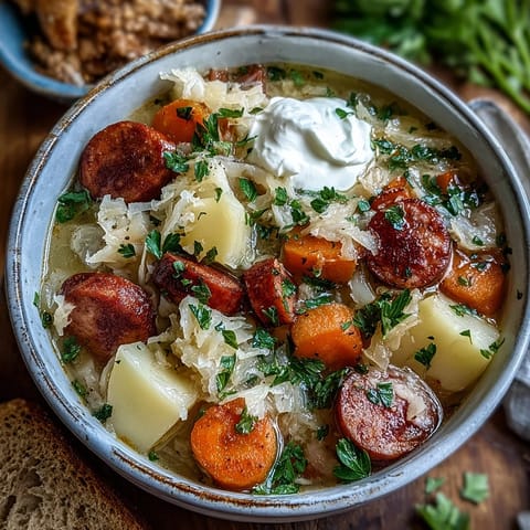 Hearty Sauerkraut Soup simmering in a pot, featuring tender potatoes, carrots, and smoked sausage in a tangy, golden broth with caraway seeds.