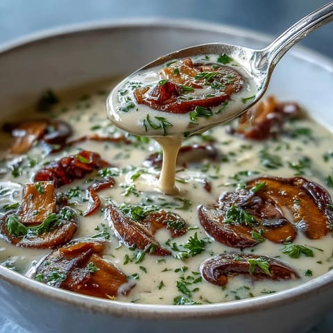 Hearty mushroom soup simmering in a pot with vegetables, ready to be blended for a velvety, comforting texture.