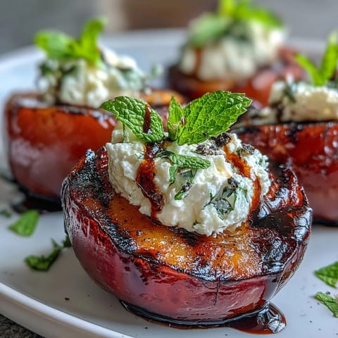Charred Balsamic-Goat Cheese Grilled Plums topped with creamy cheese and glossy balsamic drizzle.