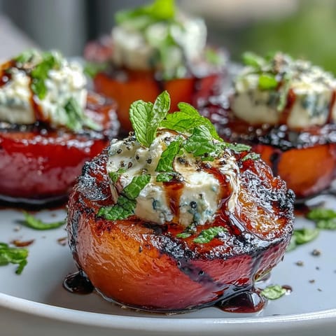 Grilled plums with goat cheese and balsamic glaze served on a rustic platter with fresh mint.