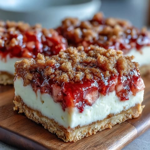 Close-up of freshly cut Strawberry Cheesecake Bars showing creamy filling and fresh berries.