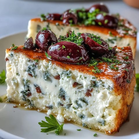 A plated slice of Kalamata Cheesecake Appetizer showing a creamy filling with olive chunks, fresh parsley, and an olive oil drizzle.