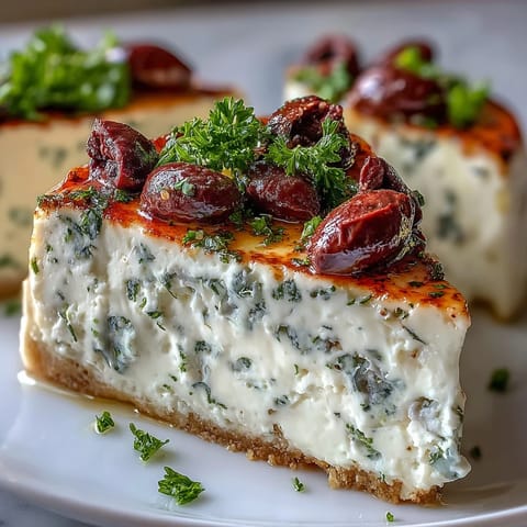 Savory Kalamata Cheesecake Appetizer topped with sliced olives and chives, served on a white plate with crackers.