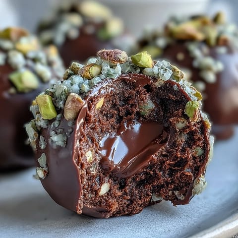 A close-up of rich chocolate ganache truffles, lightly dusted with powdered sugar for serving.