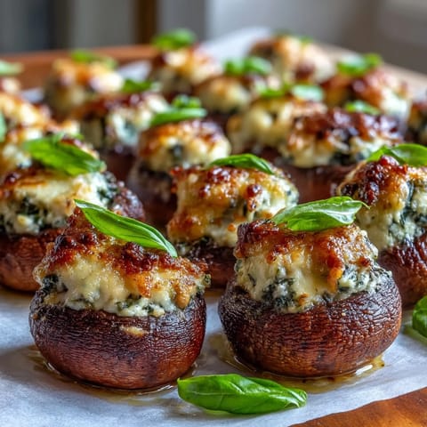 Golden-brown Stuffed Asiago-Basil Mushrooms served warm on an elegant platter, perfect for a party appetizer alongside a glass of crisp white wine.