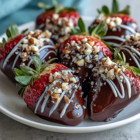 Assorted Chocolate-Covered Strawberries drizzled with white chocolate, set on a chilled tray ready for a romantic celebration.