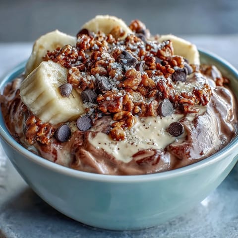 Two creamy bowls of Chunky Monkey Smoothie Bowls topped with sliced bananas, crunchy granola, cacao nibs, and hemp seeds.