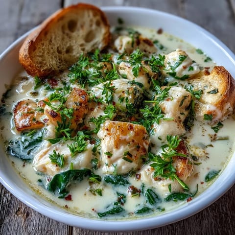 Creamy Garlic Parmesan Chicken Soup with tender chicken in a rich velvety broth, garnished with fresh parsley and extra cheese.