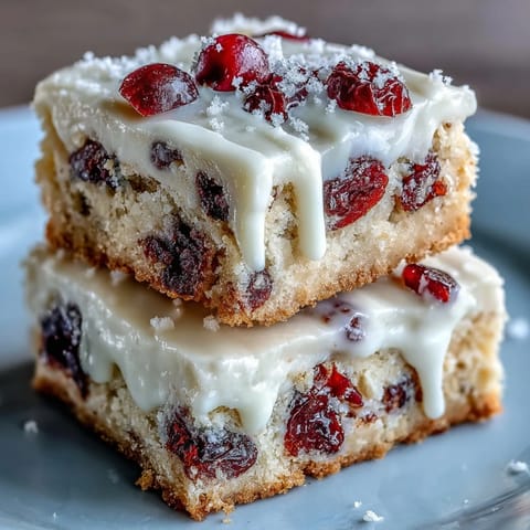 Freshly baked Cranberry Bliss Bars topped with creamy orange frosting and a white chocolate drizzle on a wire cooling rack.