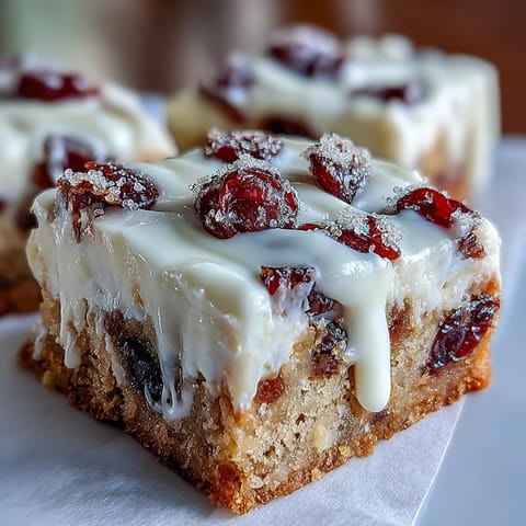 Frosted Cranberry Bliss Bars garnished with dried cranberries and white chocolate, perfect for a holiday dessert platter.