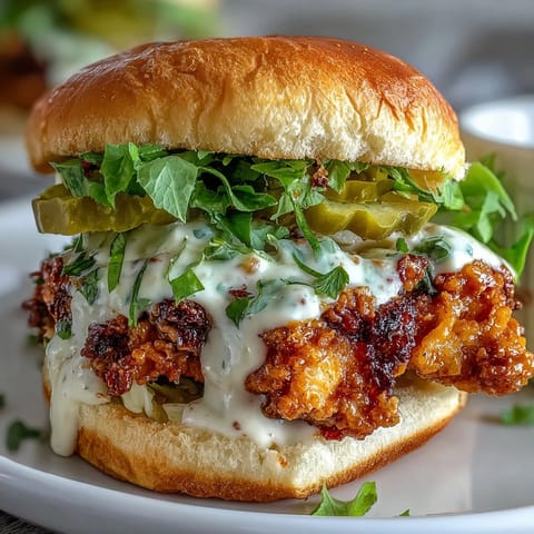 Creamy homemade sauce dripping down the golden fried chicken, stacked on a soft buttery bun.