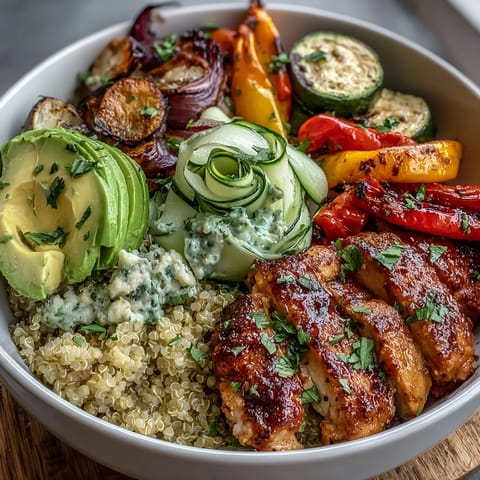Crisp lemon salad and juicy chicken join warm quinoa and paprika-roasted veggies in this hearty Paprika Roasted Vegetable Quinoa Bowl.