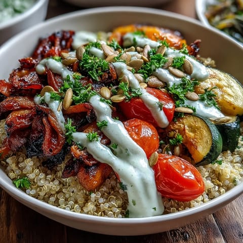 Roasted Vegetable Quinoa Bowl topped with creamy tahini sauce and fresh parsley garnish. A vibrant, healthy vegan dinner.