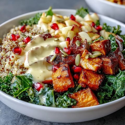 Kale Harvest Grain Bowl with roasted sweet potatoes, crisp apple, and pomegranate seeds, topped with crunchy pepitas and a tangy maple-Dijon dressing.  