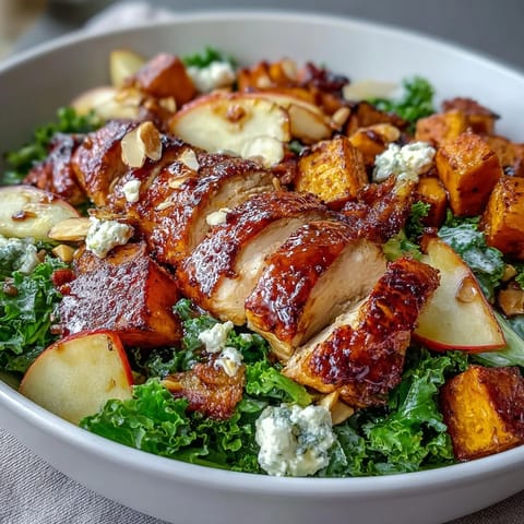 A hearty fall harvest bowl with roasted sweet potato, tender chicken, crisp apple, and creamy goat cheese, drizzled with tangy balsamic vinaigrette.