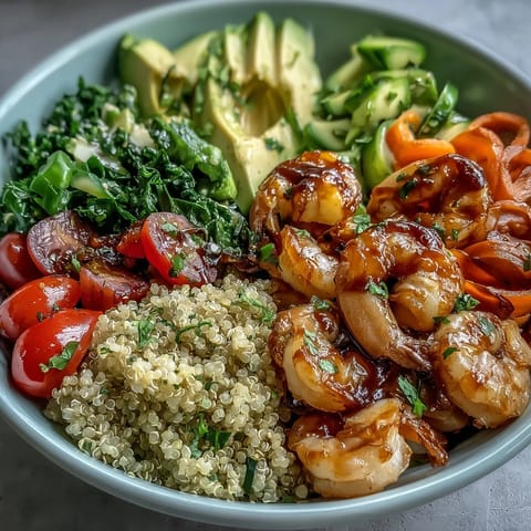 Vibrant rainbow vegetable detox bowl with quinoa, shrimp, and avocado, dressed in tangy balsamic vinegar for a nourishing meal.