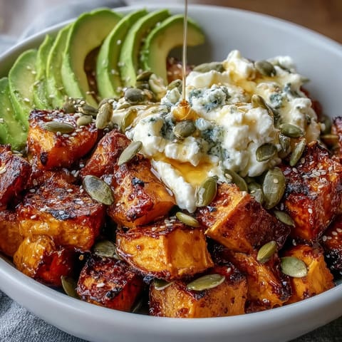 A colorful bowl of roasted sweet potatoes with creamy avocado, cottage cheese, and a spicy-sweet hot honey drizzle.  