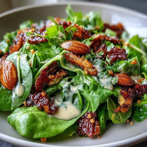 Crisp spring greens tossed in tangy honey mustard dressing, topped with crunchy toasted almonds and fresh herbs for a vibrant, refreshing salad.  