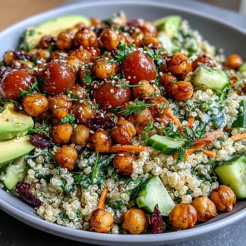 Lemon Vinaigrette Grain Bowls with Roasted Chickpeas featuring fluffy quinoa, crispy chickpeas, and fresh vegetables drizzled with tangy lemon dressing.