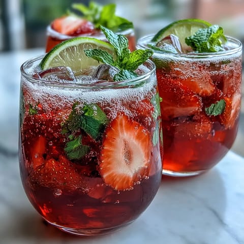 A vibrant strawberry lemon sparkling mocktail with fresh berries and mint garnish in chilled glasses.