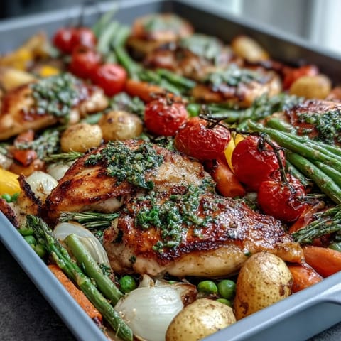 Vibrant sheet pan chicken with fresh spring vegetables, roasted to perfection for a healthy dinner.  